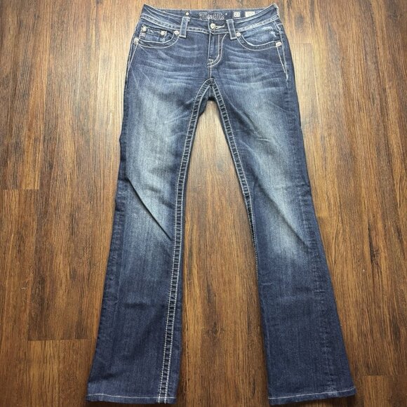 Miss Me Bootcut Jeans JP5473B Distressed Dark Wash Floral Embroidery Size 27